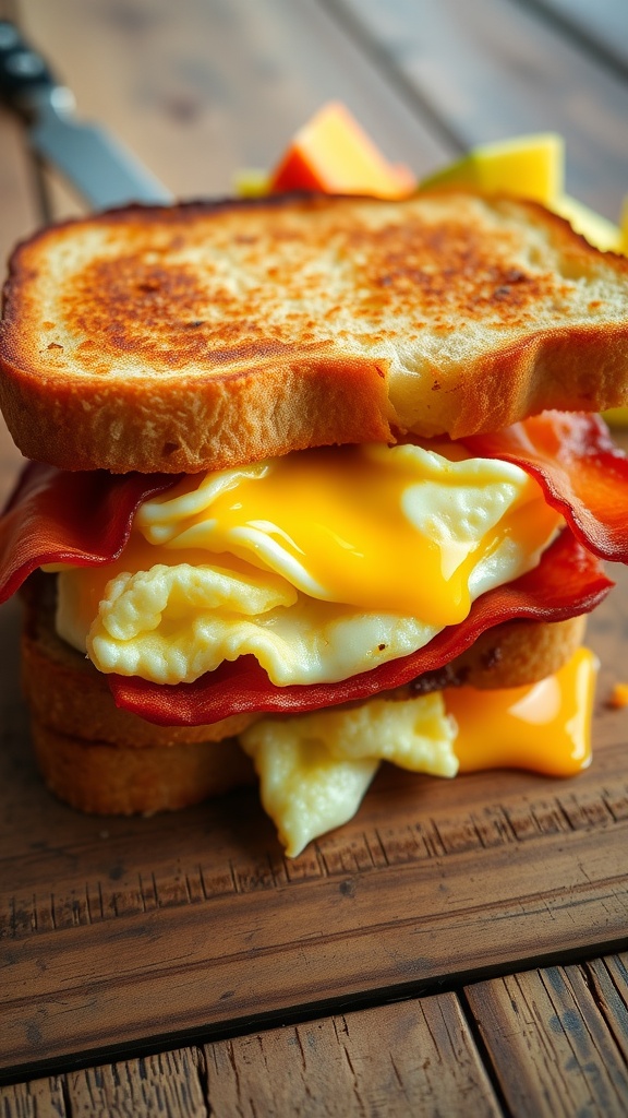 A savory egg sandwich with scrambled eggs, cheese, and bacon between toasted bread, served with fresh fruit.